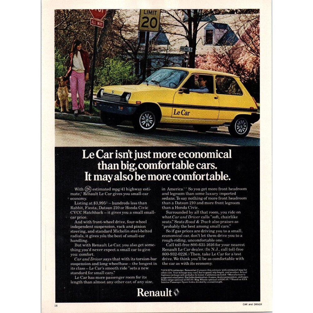 1979 Renault Le Car Hatchback Vintage Print Ad German Shepherd Dog 70s Wall Art
